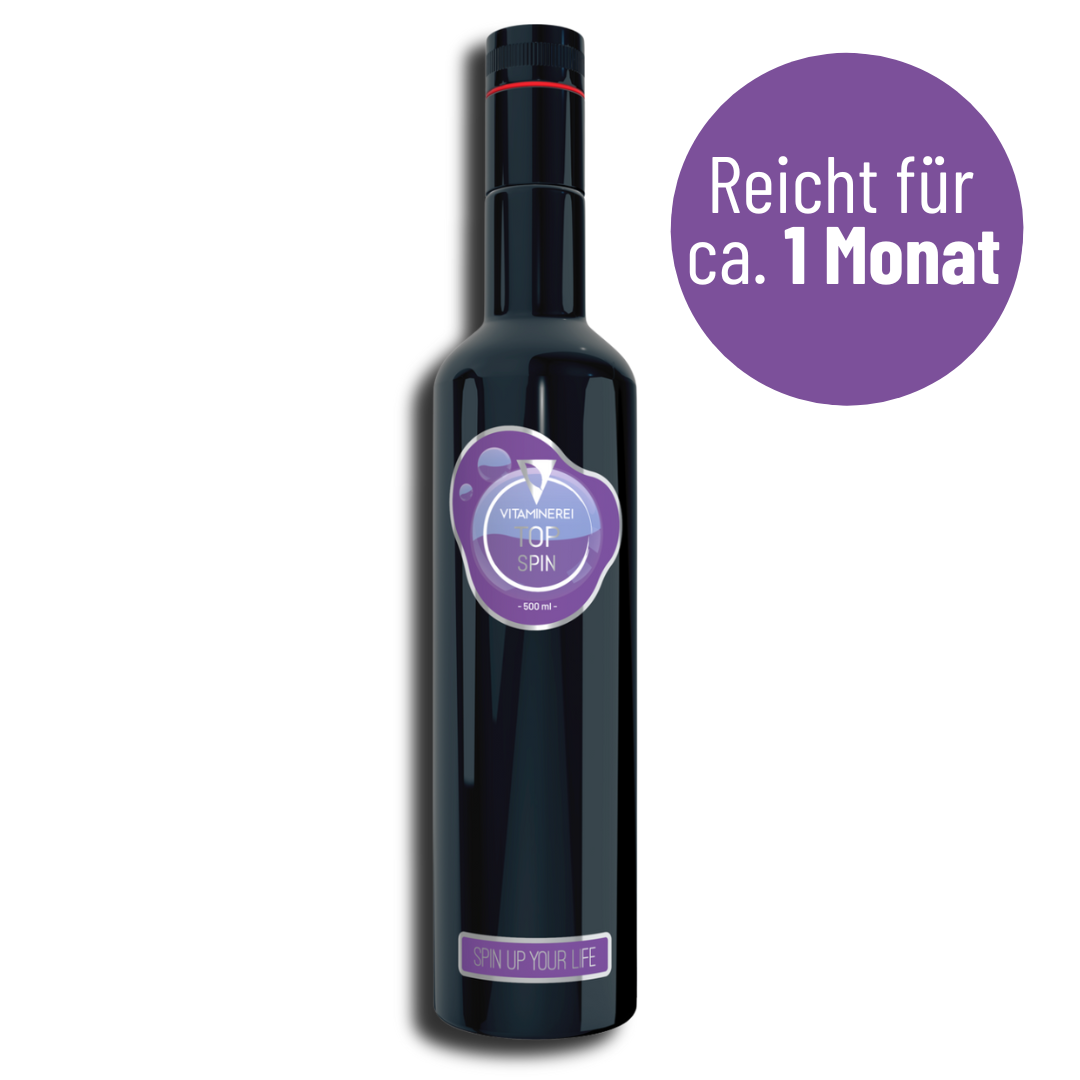 500ml Miron Violettflasche gefüllt mit dem Top Spin der Vitaminerei